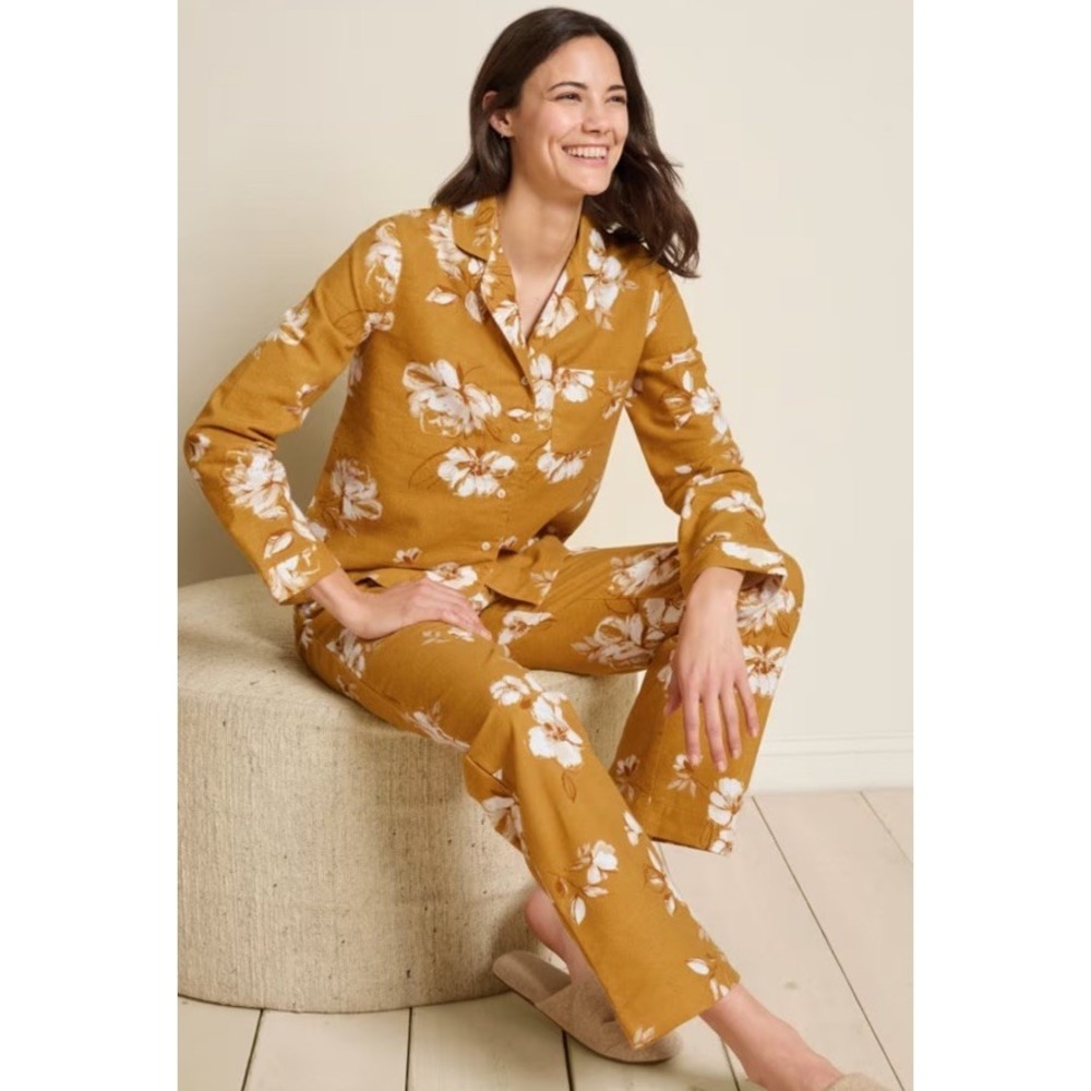 Garnet Hill Organic-Cotton Heritage Flannel Pajamas Gold White Floral Sz Large‎